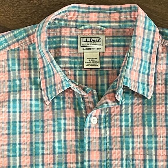L.L. Bean Seersucker Button Down Shirt Mens LARGE Short Sleeves Casual Summer - Picture 4 of 7